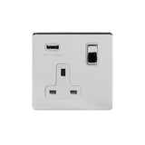 Screwless Polished Chrome - White Trim - Slim Plate Screwless Polished Chrome 13A 1 Gang DP USB Switched Plug Socket (USB Output 2.1amp)