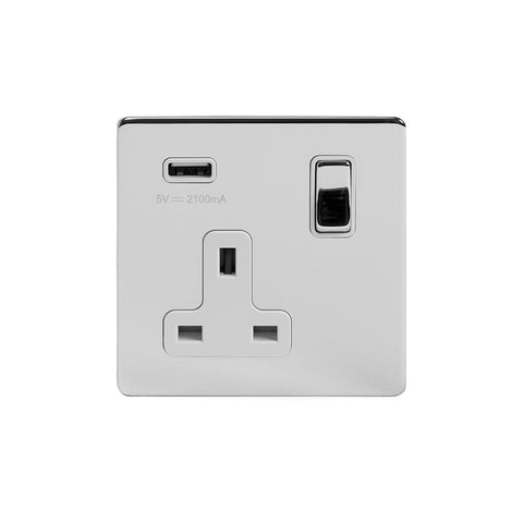 Screwless Polished Chrome - White Trim - Slim Plate Screwless Polished Chrome 13A 1 Gang DP USB Switched Plug Socket (USB Output 2.1amp)