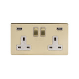 Screwless Brushed Brass - White Trim - Slim Plate Screwless Brushed Brass 13A 2 Gang DP USB Switched Socket (USB Output 4.8amp)