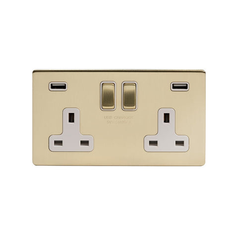 Screwless Brushed Brass - White Trim - Slim Plate Screwless Brushed Brass 13A 2 Gang DP USB Switched Socket (USB Output 4.8amp)