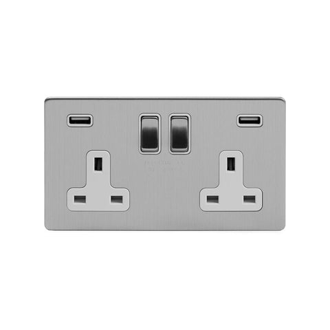 Screwless Brushed Chrome - White Trim - Slim Plate Screwless Brushed Chrome 13A 2 Gang DP Fast Charge USB Switched Plug Socket (USB Output 4.8amp)