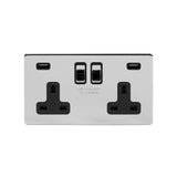 Screwless Polished Chrome - Black Trim - Slim Plate Screwless Polished Chrome 13A 2 Gang DP USB Switched Plug Socket (USB Output 4.8amp)