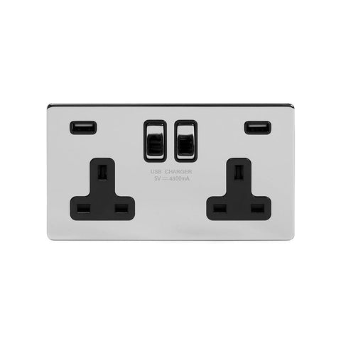 Screwless Polished Chrome - Black Trim - Slim Plate Screwless Polished Chrome 13A 2 Gang DP USB Switched Plug Socket (USB Output 4.8amp)