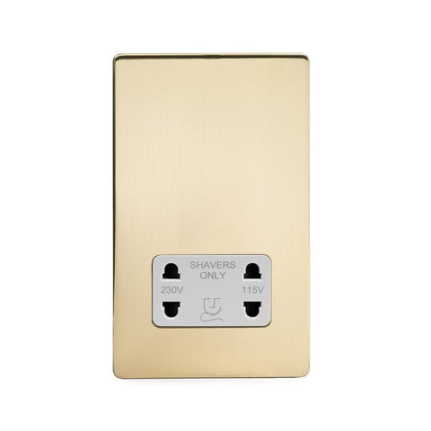 Screwless Brushed Brass - White Trim - Slim Plate Screwless Brushed Brass Shaver Socket 230/115V Plate