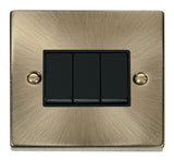 Antique Brass 10A 3 Gang 2 Way Light Switch - Black Trim - SE Home