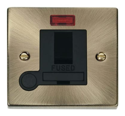 Antique Brass - Black Inserts Antique Brass 13A Fused Connection Unit Switched With Neon With Flex - Black Trim