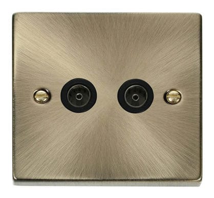 Antique Brass 2 Gang Twin Coaxial TV Socket - Black Trim - SE Home