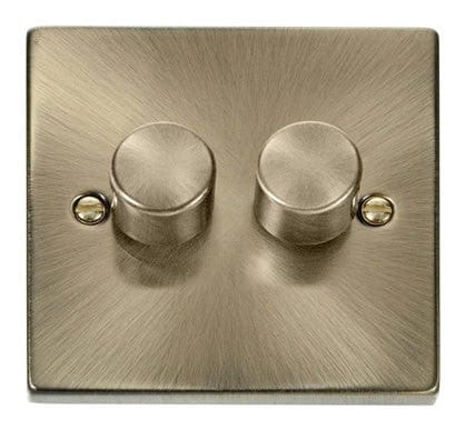 Antique Brass - Black Inserts Antique Brass 2 Gang 2 Way LED 100W Trailing Edge Dimmer Light Switch