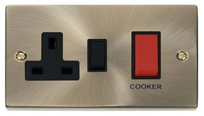 Antique Brass Cooker Control 45A With 13A Switched Plug Socket - Black Trim - SE Home