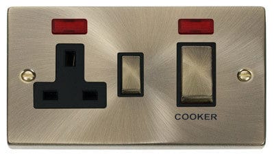 Antique Brass - Black Inserts Antique Brass Cooker Control Ingot 45A With 13A Switched Plug Socket & 2 Neons - Black Trim