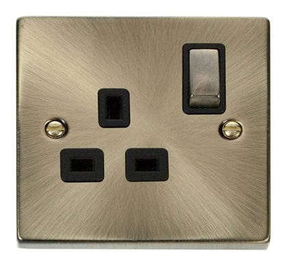 Antique Brass - Black Inserts Antique Brass 1 Gang 13A DP Ingot Switched Plug Socket - Black Trim