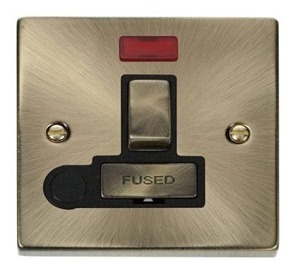 Antique Brass 13A Fused Ingot Connection Unit Switched With Neon With Flex - Black Trim - SE Home