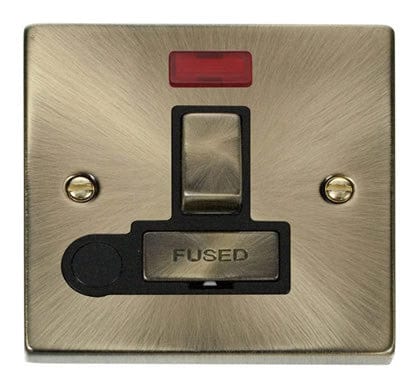 Antique Brass - Black Inserts Antique Brass 13A Fused Ingot Connection Unit Switched With Neon With Flex - Black Trim
