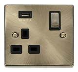 Antique Brass 1 Gang 13A DP Ingot 1 USB Switched Plug Socket - Black Trim - SE Home