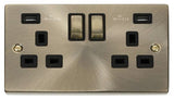 Antique Brass - Black Inserts Antique Brass 2 Gang 13A DP Ingot 2 USB Twin Double Switched Plug Socket - Black Trim