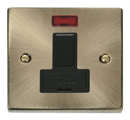 Antique Brass - Black Inserts Antique Brass 13A Fused Connection Unit Switched With Neon - Black Trim