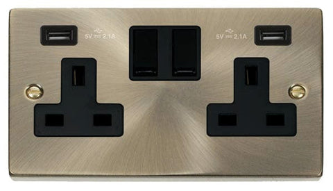 Antique Brass - Black Inserts Antique Brass 2 Gang 13A 2 USB Twin Double Switched Plug Socket - Black Trim