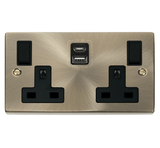 Antique Brass 2 Gang 13A Type A & C USB Twin Double Switched Plug Socket - Black Trim - SE Home