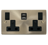 Antique Brass - Black Inserts Antique Brass 2 Gang 13A Type A & C USB Twin Double Switched Plug Socket - Black Trim