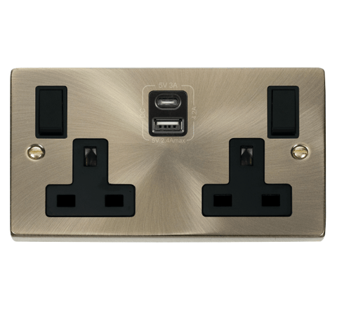 Antique Brass - Black Inserts Antique Brass 2 Gang 13A Type A & C USB Twin Double Switched Plug Socket - Black Trim