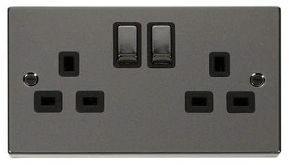 Black Nickel 2 Gang 13A DP Ingot Twin Double Switched Plug Socket - Black Trim - SE Home