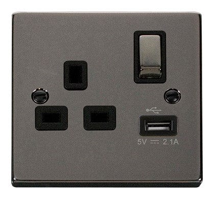 Black Nickel - Black Inserts Black Nickel 1 Gang 13A DP Ingot 1 USB Switched Plug Socket - Black Trim