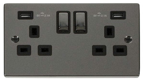 Black Nickel 2 Gang 13A DP Ingot 2 USB Twin Double Switched Plug Socket - Black Trim - SE Home