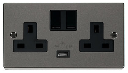 Black Nickel 2 Gang 13A 1 USB Twin Double Switched Plug Socket - Black Trim - SE Home