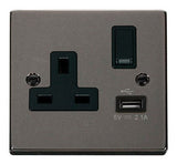 Black Nickel 1 Gang 13A DP 1 USB Switched Plug Socket - Black Trim - SE Home