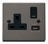 Black Nickel - Black Inserts Black Nickel 1 Gang 13A DP 1 USB Switched Plug Socket - Black Trim