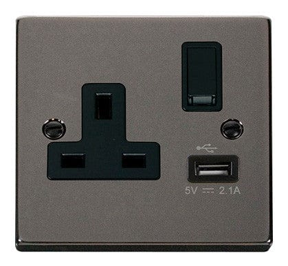 Black Nickel 1 Gang 13A DP 1 USB Switched Plug Socket - Black Trim - SE Home