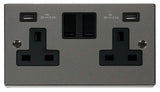 Black Nickel - Black Inserts Black Nickel 2 Gang 13A 2 USB Twin Double Switched Plug Socket - Black Trim