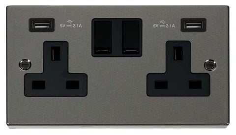 Black Nickel 2 Gang 13A 2 USB Twin Double Switched Plug Socket - Black Trim - SE Home