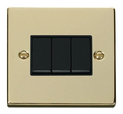 Polished Brass - Black Inserts Polished Brass 10A 3 Gang 2 Way Light Switch - Black Trim