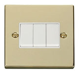 Polished Brass - White Inserts Polished Brass 10A 3 Gang 2 Way Light Switch - White Trim