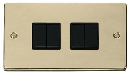 Polished Brass 10A 4 Gang 2 Way Light Switch - Black Trim - SE Home