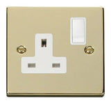 Polished Brass - White Inserts Polished Brass 1 Gang 13A DP Switched Plug Socket - White Trim
