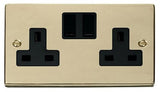 Polished Brass - Black Inserts Polished Brass 2 Gang 13A Twin Double Switched Plug Socket - Black Trim