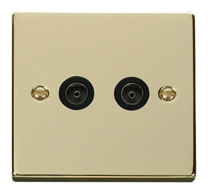 Polished Brass 2 Gang Twin Coaxial TV Socket - Black Trim - SE Home