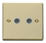 Polished Brass - White Inserts Polished Brass 2 Gang Twin Coaxial TV Socket - White Trim