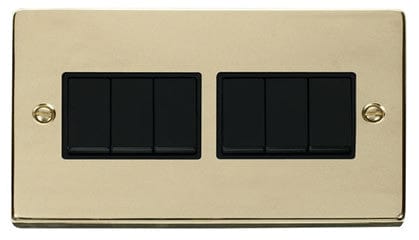 Polished Brass 10A 6 Gang 2 Way Light Switch - Black Trim - SE Home
