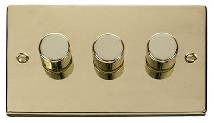 Polished Brass - Black Inserts Polished Brass 3 Gang 2 Way 400w Dimmer Light Switch