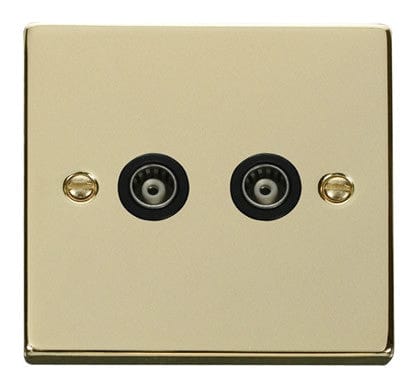 Polished Brass Twin Isolated Coaxial Socket - Black Trim - SE Home