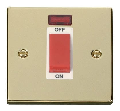 Polished Brass 1 Gang Size 45A Switch With Neon - White Trim - SE Home
