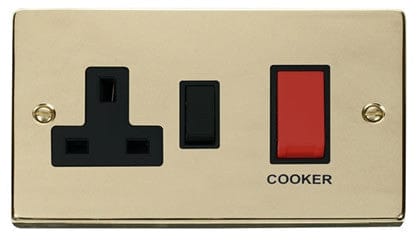 Polished Brass Cooker Control 45A With 13A Switched Socket - Black Trim - SE Home