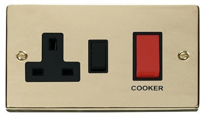 Polished Brass - Black Inserts Polished Brass Cooker Control 45A With 13A Switched Socket - Black Trim