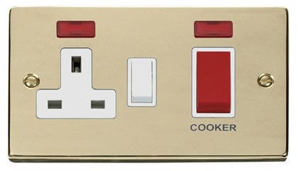 Polished Brass - White Inserts Polished Brass Cooker Control 45A With 13A Switched Socket & 2 Neons - White Trim