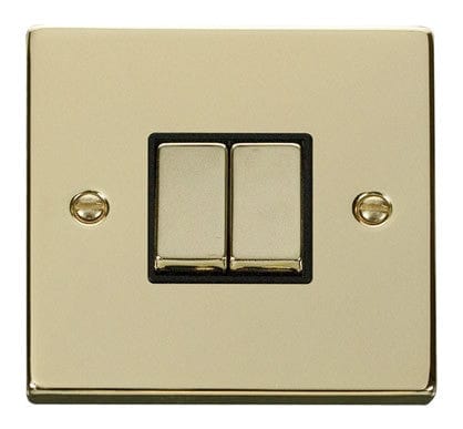 Polished Brass - Black Inserts Polished Brass 10A 2 Gang 2 Way Ingot Light Switch - Black Trim