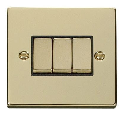 Polished Brass 10A 3 Gang 2 Way Ingot Light Switch - Black Trim - SE Home