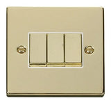 Polished Brass - White Inserts Polished Brass 10A 3 Gang 2 Way Ingot Light Switch - White Trim